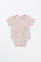 Flat Lay of Avauma Soft Rose Cocoa Short Sleeve Baby Bodysuit, Lightweight Floral Onesie for Summer
